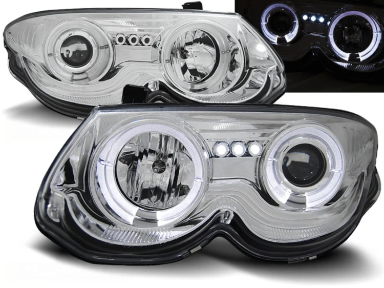 LAMPY PRZEDNIE REFLEKTORY CHRYSLER 300 M 99-04 ANGEL EYES CHROME LED