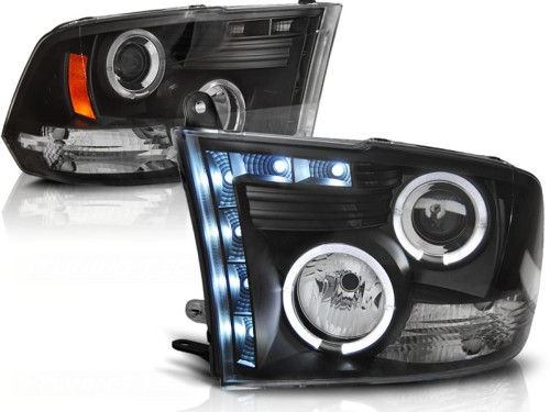 LAMPY PRZEDNIE REFLEKTORY DODGE RAM 09-18 ANGEL EYES BLACK